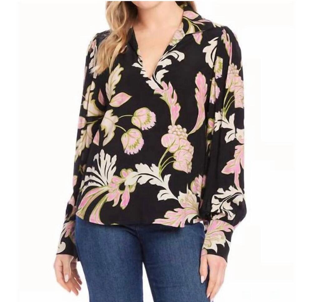 Karen Kane Pink Black Floral Blouse Top Womens Small NWT Viscose $148